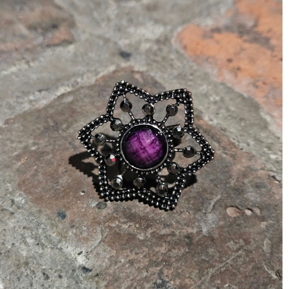Boutique Boho Faux Purple Stone Silver-Tone Mixed Metal Adjustable Flower Ring